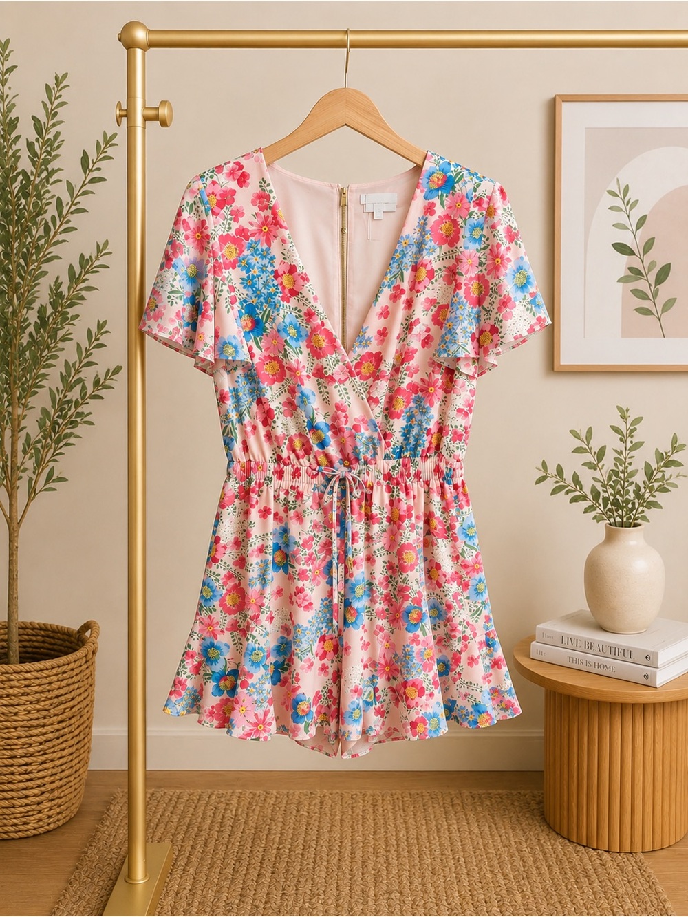 Sugarlips Pink Floral Short Sleeve Romper with Drawstring Waist